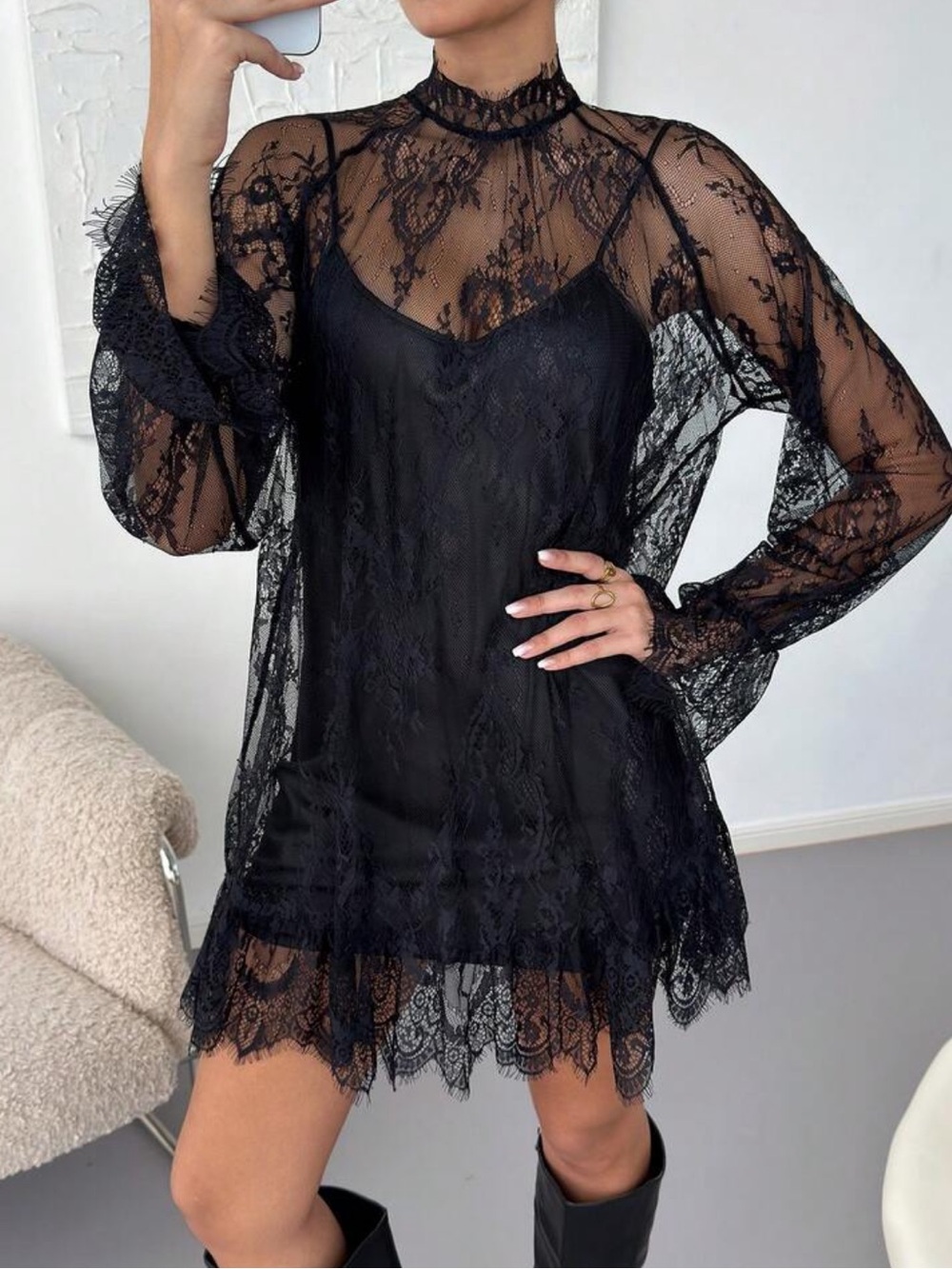 Women's Elegant Sexy Mesh Long Sleeve Top, Lace Embroidered Tulle Dress - Picture 2 of 7